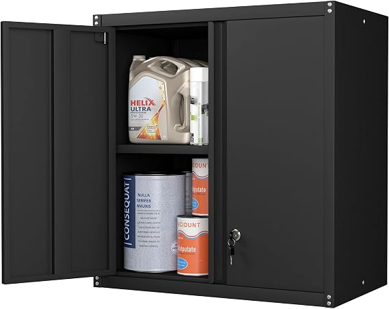 Metal Wall Storage Cabinet, Garage Hanging Cabinets with Adjustable Shelves, Locking Cabinet for Home Office, Wall Mount Storage Locker, Upper Cabinet for Basement, Workshop