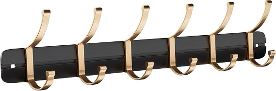 Fayleeko Coat Rack Wall Mount, Self-Adhesive Entryway Coat Hooks Wall Mounted, Heavy Duty Coat Hanger Towel Rack with 6 Hooks to Hang Hat, Coat, Towel and Purse (1 Pack, Black-Gold)