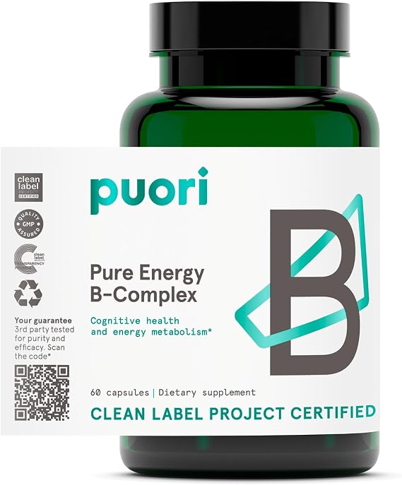 Puori Pure Energy Vitamin B-Complex with 8 Essential Vitamins, 60 Capsules | Active & Methylated B Vitamins (Thiamin, Riboflavin, Niacin, B6, Folate & B12) - Biotin, Inositol, Pantothenic Acid & Choline