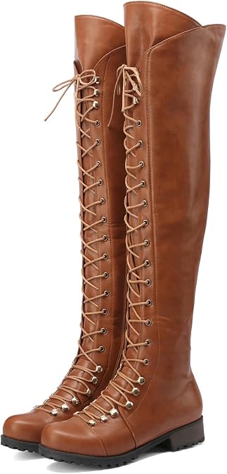 DADAWEN Women's Over The Knee Boots Square Toe Thigh High Boots with Side Zipper Lace Up Fashion Combat Boots Low Heel Fall Long Tall Boots for Women
