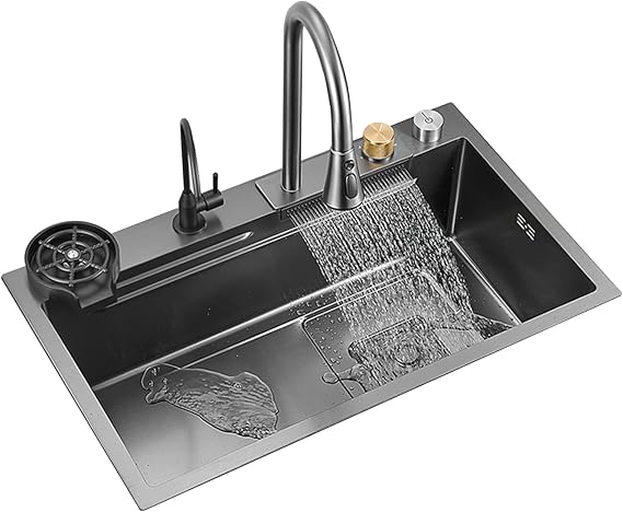 Kitchen Sink 304 Stainless Steel Nano Raindance Waterfall Sink Home Sink Vegetable Sink Single Sink Workstation Kitchen Sink with Pull Out Faucet Pressure Cup Washer 1