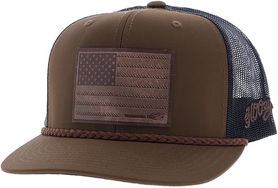 HOOey Liberty Roper Hat - Adjustable Snapback Mesh Trucker Cap with Leather USA Flag Patch and Western Rope Trim
