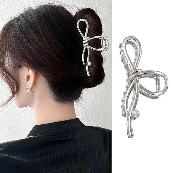 ROMODIYA Silver Large Hair Clip with Pearl Design, Metal Hair Clip, Non-Slip Hair Barrette Clip, Hair Accessories, Strong Hold, for Thick/Thin Hair 1Pcs