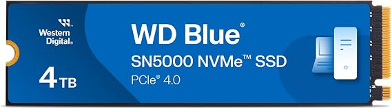 WD Blue SN5000 4TB SSD, M.2 2280 NVMe SSD, Read speeds up to 5500 MB/s, PCIe Gen4, nCache Technology, Free Acronis True Image data migration software, Internal solid state drive.