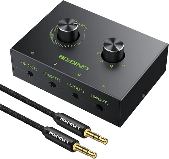 LiNKFOR 4-Port Bidirectional 3.5mm Audio Switch with Volume Control