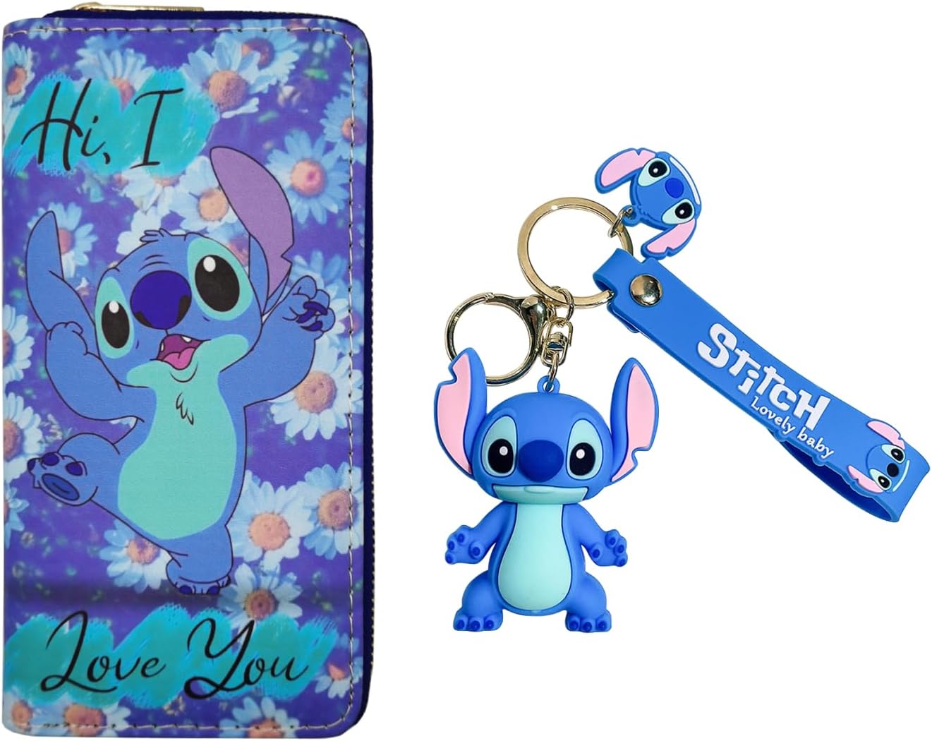 Suitable For Disney Stitch Cute Cartoon Large Capacity Kids PU Wallet with Stitch Keychain, Clutch Bag, Fashion Zip Wallet