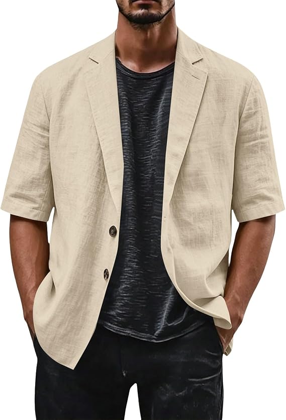 Linen Blazer for Men Short Sleeve Open Fornt Button Down Lightweight Jackets Loose Fit Business Casual Sport Coats