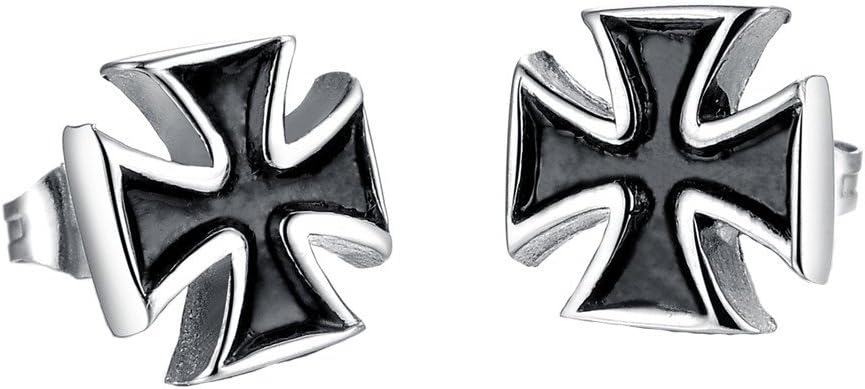 PAURO Men's Stainless Steel Vintage Cross Stud Earrings Silver and Black