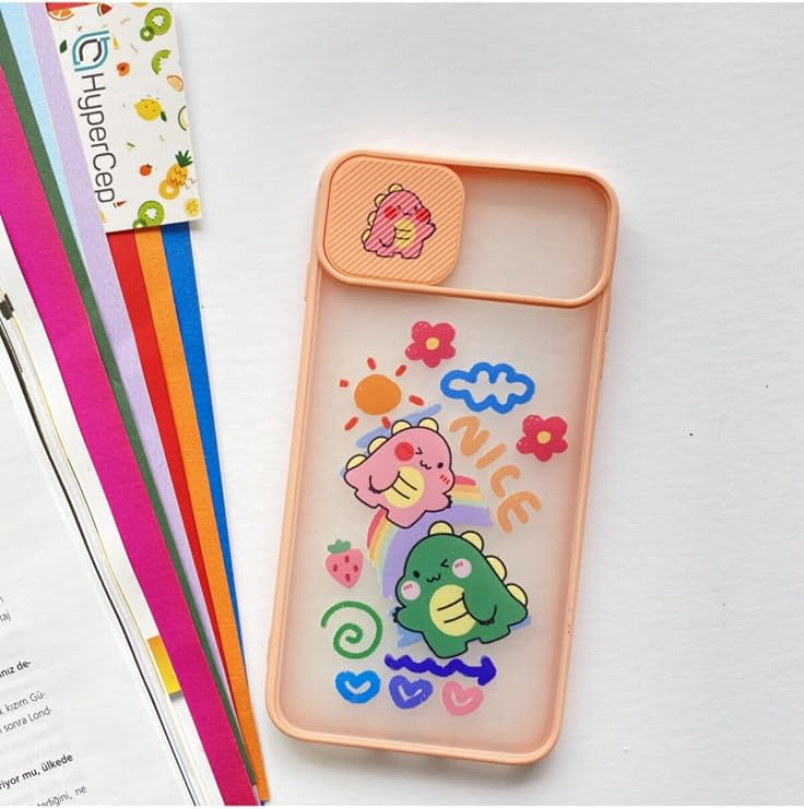 iPhone 6 Plus ile Uyumlu Kamera Korumalı Sürgülü Baskılı Silikon Kılıf, Pembe Dinazor G9881