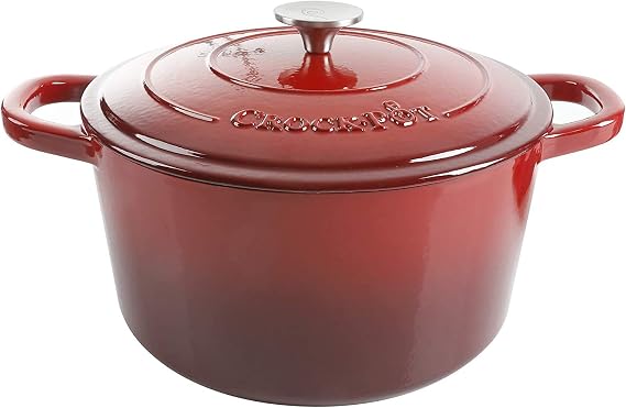Crock-Pot Artisan 3-Quart Round Enameled Cast Iron Dutch Oven Gradient Red, Durable Heavy-Duty Cookware for Slow Cooking, Roasting, Baking with Lid