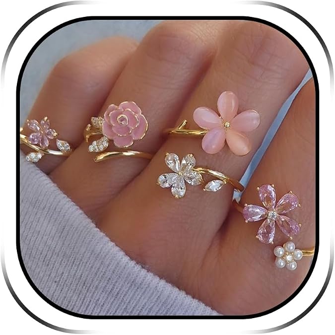 Gold Stackable Rings for Women Pink Flower Rhinestone Thumb Rings Statement Ring Gold Stackable Jewelry Cute Stuff Gold Ring Pack Birthday Jewelry Accessories Christmas Gifts 2025 Stocking Stuffers