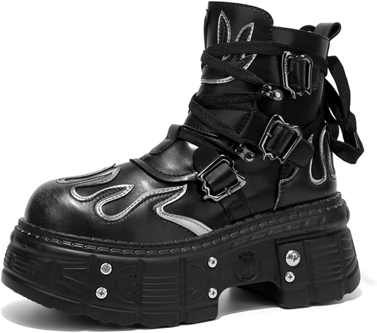 Men'S Black Leather Platform Motorcycle Ankle Boots With Flame Pattern Side Zipper & Adjustable Buckle Straps Edgy Punk Style Footwear For Casual And Special Occasions