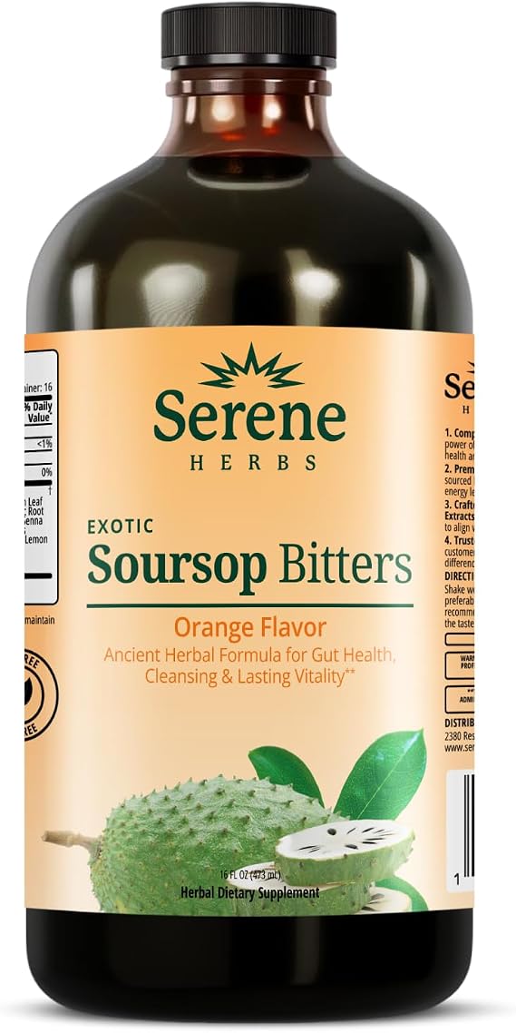 Serene Herbs Soursop Bitters Liquid Organic Herbal Sour SOP Guanabana with Black Seed, Moringa, Irish Moss & Ginger Gut Support, Energy & Immune Boost Vegan, Non-GMO Orange Flavor 16 oz