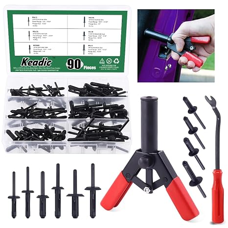 Keadic 132 Pcs Plastic Rivet Gun Set with Bonus Fastener Removal Tool, and 130Pcs 10 Sizes Nylon Blind Rivets,Hand Riveter Suitable for Automotive and More