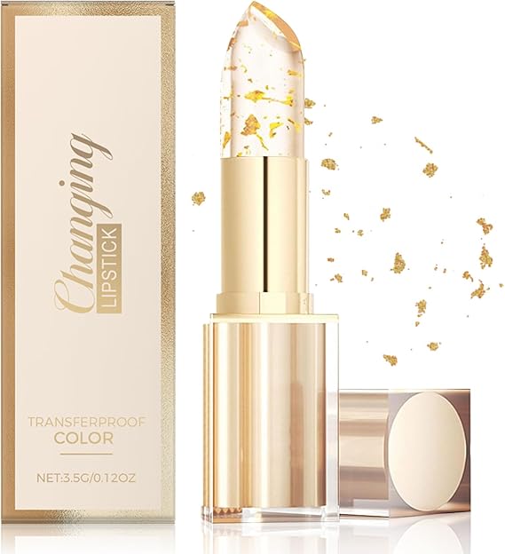 Transferproof Color Changing Lipstick with Gold Foil, Transparente Gold Crystal Colour Changing Lip Stick for Women, Moisturizing Glossy Shine Lip Gloss, Long-Lasting Hydration