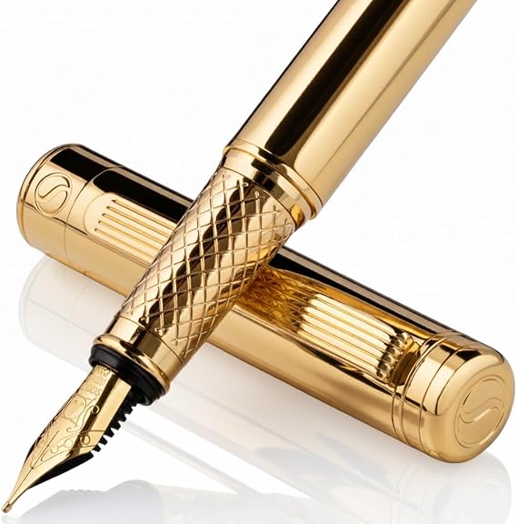 Scriveiner Elegant Gold Fountain Pen with 24 Carat Gold Finish Schmidt 18 Carat Gold-Plated Nib (Medium) Gift for Men and Women Managers Executives
