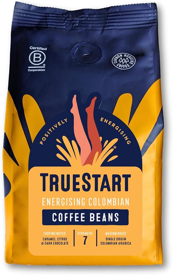 TrueStart Coffee Beans, Smooth Energising Colombian, 200g, 1 Pack | 100% Arabica, Medium Roast, Single Origin Whole Bean - Mycotoxin-Free &amp; Antioxidant Rich, for Espresso, Filter Brewing