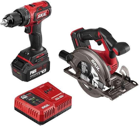 SKIL 2-Tool Combo Kit: PWR CORE 20 Brushless 20V Cordless Drill Driver and Cordless Circular Saw Includes 4.0Ah Lithium Battery and PWRJump Charger - CB743901