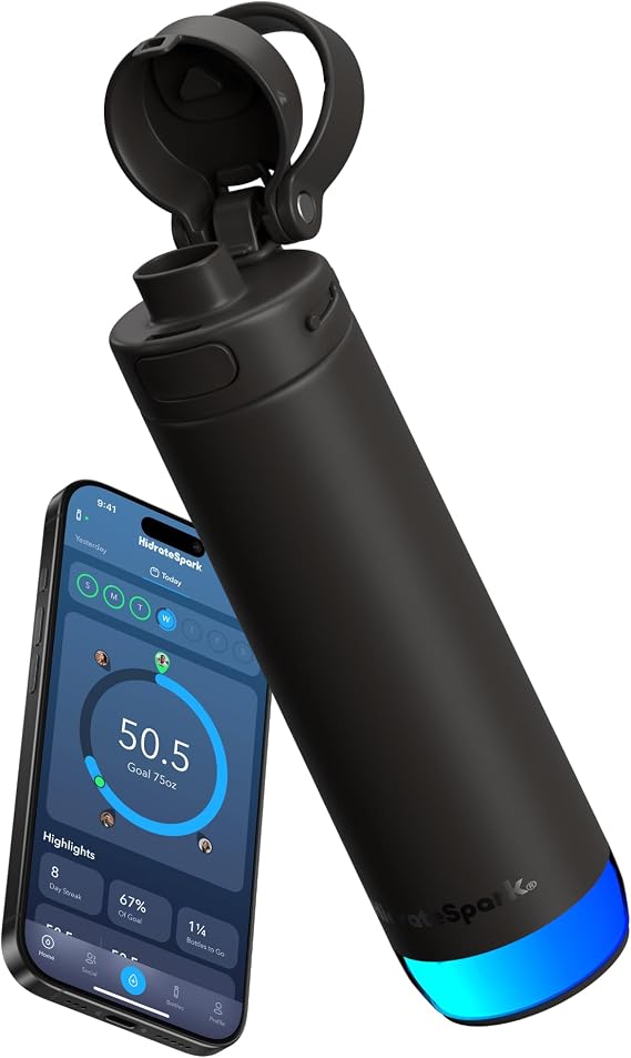 HidrateSpark PRO 2 21 oz Chug Smart Hydration Bottle with Clinically Accurate Water Tracking & Extended Battery Life Syncs with Apple Health, Fitbit, Smart Rings & Watches - Black