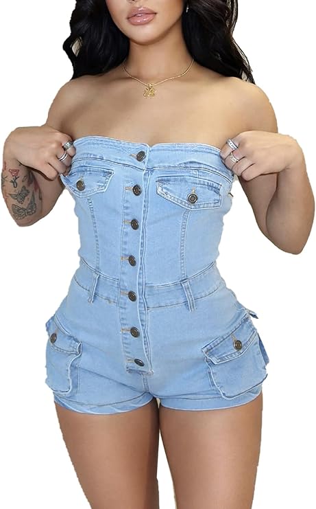 Famnbro Women's Denim Romper Sexy Strapless Tube Club Cargo Jean Jumpsuit Casual Streetwear, Medium, Blue