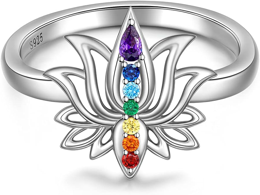 Chakra Ring Lotus Rings for Women Yoga Chakra Crystal Sterling Silver Lotus Flower Energy Balance Chakras Jewelry Meditation Anxiety Relief