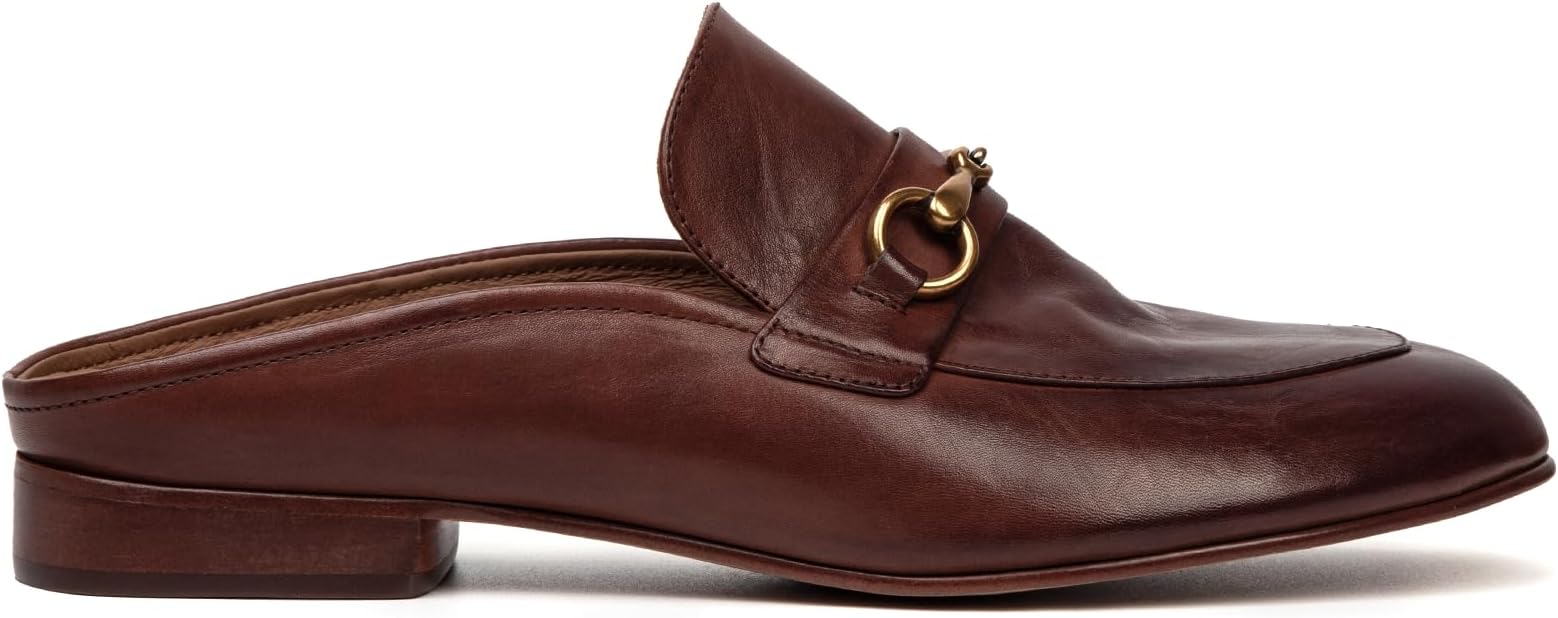 Genuine Leather Loafers for Women Backless Round Toe Wooden Low Heel Mules Classic Fashion Comfortable Dressy Loafer