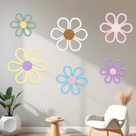 6 PCS Boho Style Nursery Wall Decorations Set Handwoven Macrame Daisy Flowers in Three Sizes Perfect for Boho Room Decor in Bohemian Home or Dorm (Daisy Flower-1)