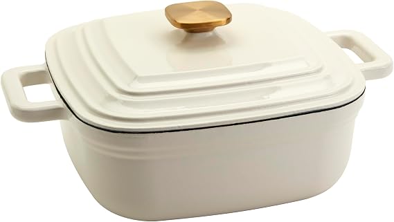 Smith & Clark 4 Quart Enameled Cast Iron Square Dutch Oven Pot with Lid, White