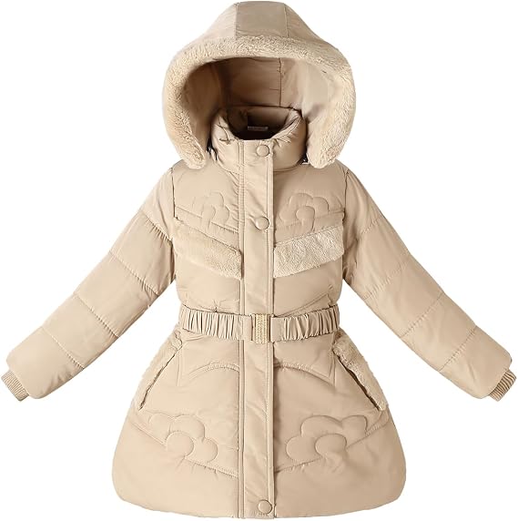 Girls Winter Puffer Jacket Collar Hooded Fleece Coat For Kids Dress