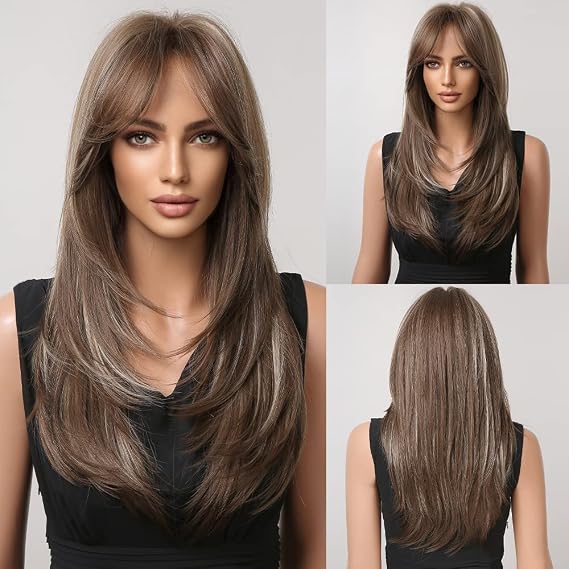HAIRCUBE Dark Brown Wigs for Women,Long Layered Brown with Highlight Wigs with Bangs Heat Resistant Synthetic Fibre Wigs(pelucas de cabello natural)