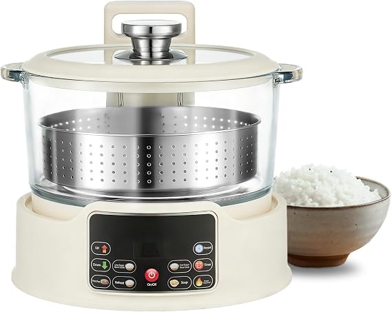 Low Sugar Rice Cooker - Multifunctional Low Carb Rice Cooke r with Auto-Lift Basket, Preset &Timer, Smart Glass Rice Cooker with Steaming, Boiling and Hotpot in One (White)