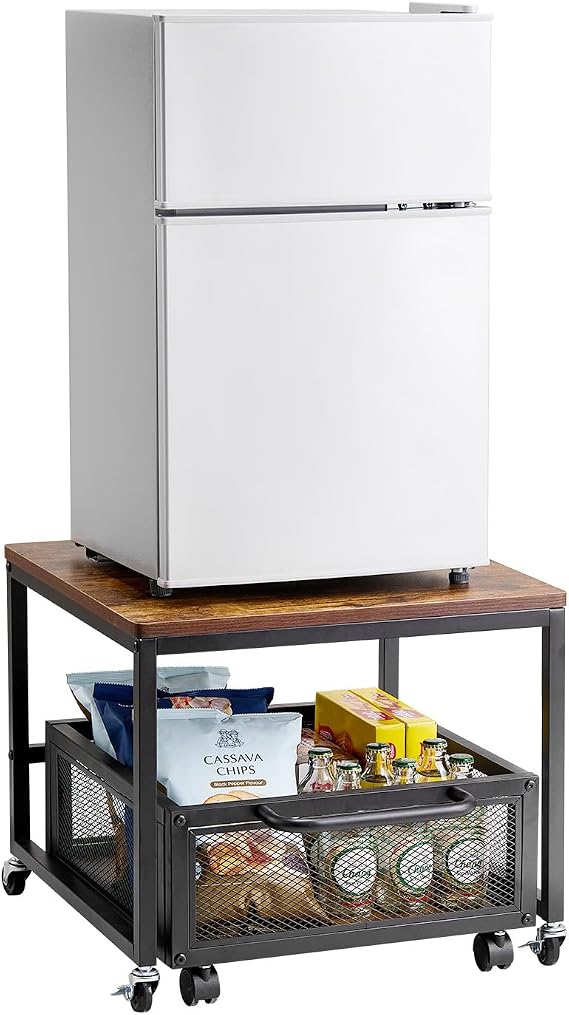 VEVOR Mini Fridge Stand with Storage 195 lbs Mini Fridge Table with Movable Storage Cart & Swivel Wheels, Coffee Bar Beverage Refrigerator Stand Mini Fridge Organizer for Home Dorm, Light Brown