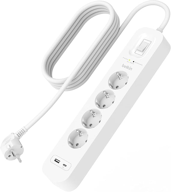 Belkin 4'lü çoklu priz, yüksek gerilim korumalı, duvara montaj, 4 priz, 2 m güç kablosu, yeşil ışıklı gösterge, hızlı şarj için USB C PD’li USB-C ve USB-A bağlantısı; 525 jul koruma