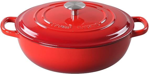 EDGING CASTING Enameled Cast Iron Dutch Oven Shallow Casserole Braiser with Dual Handle, 3.8 QT, Red