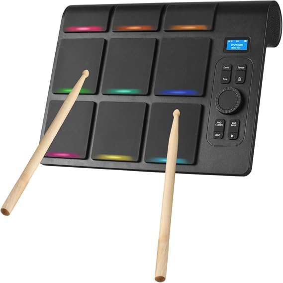 Portable Electric Tabletop Drum Set Machine, 9 Responsive Pads, Adjustable Sensitivity, LCD Display,Volume Control, Dual Stereo Speakers, Headphone Connectivity, Fun LED