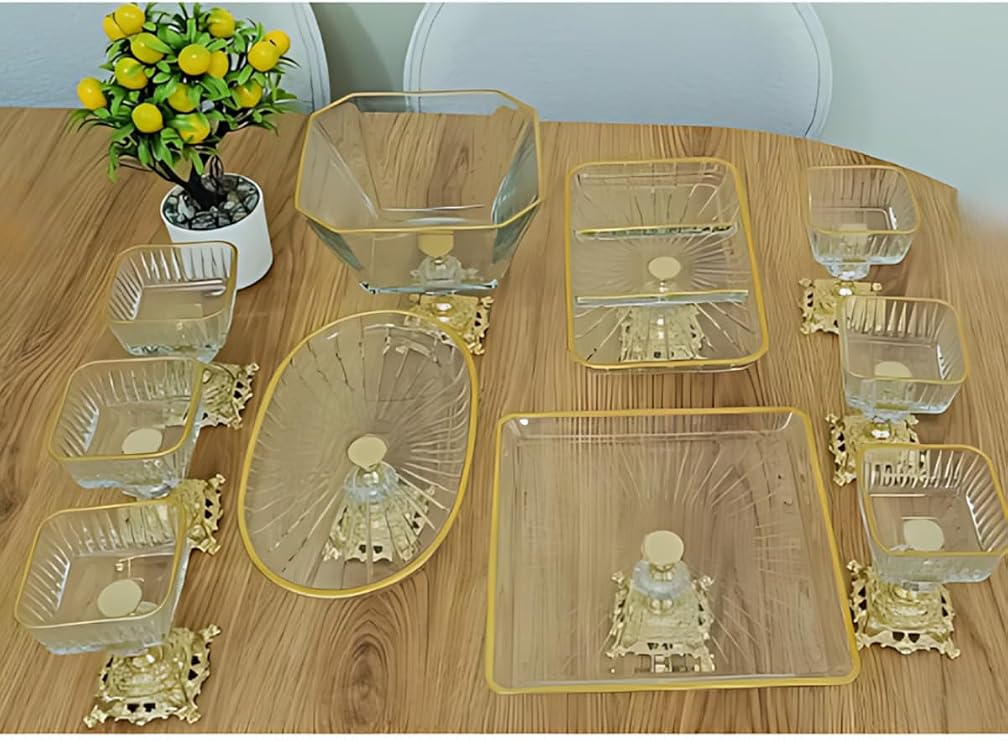 ASSA BAZAAR 10 Parça Gold Metal Ayaklı Sunum Seti | Pasta – Salata – Tatlı – Kase – Servis Tabağı Altın