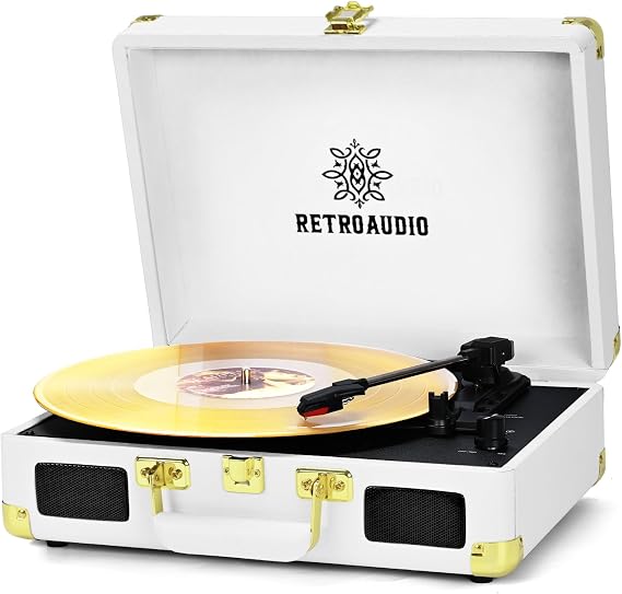 RetroAudio Portable Bluetooth Vinyl Record Player Turntable (White Gold)