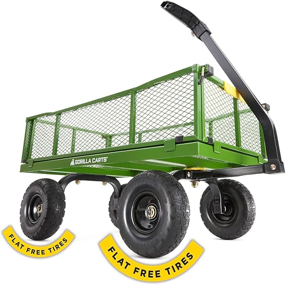 Gorilla Carts Steel Utility Garden Cart, 800 lb. Capacity, Flat Free Tires | Steel utility garden cart with flat-free tires for homeowners hauling firewood, bricks and yard debris regularly.