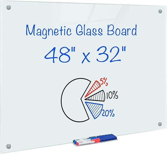 Maxtek Magnetic Glass Whiteboard 48x 32 in, Frameless Glass Board for Wall | Glass White Board Dry Erase Wall Mounted, Strong Magnetic Surface, Markers, Magnets, and Eraser for Classroom, Home, Office
