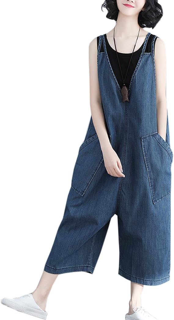 Flygo Women's Casual Overalls Rompers Jeans Denim Cropped Pants Wide Leg Low Crotch Big Pockets