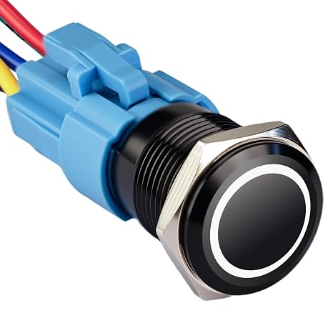 19mm Latching Push Button Switch 12V DC Waterproof On Off Switch with LED & Pre-Wired Harness 1NO1NC Self-Locking(Black Shell/White Light)