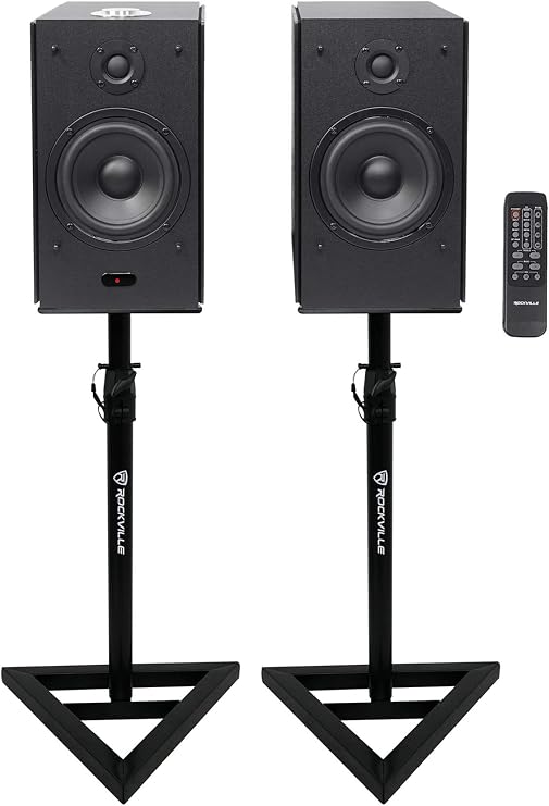 Rockville HD5B Black 5" Powered Bookshelf Speakers Bundle with RVSM1 Stands