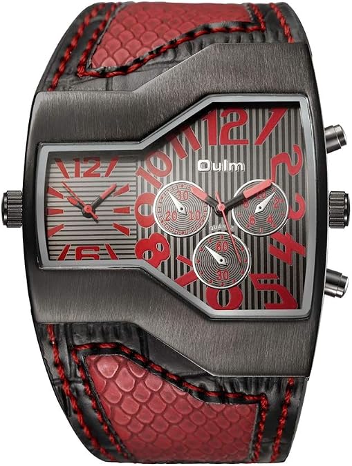Oulm Men Military Sports Watch Dual Movt Quartz Wristwatch with Leather Band Decorative Sub-dials