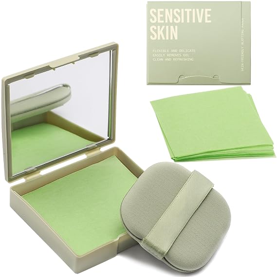 Oil Blotting Sheets for Face with Mirror & Puff, 200 Sheets Oil Absorbing Sheets for Oily Skin, Natural Fiber Blotting Paper, Makeup Friendly Face Oil Control Sheets