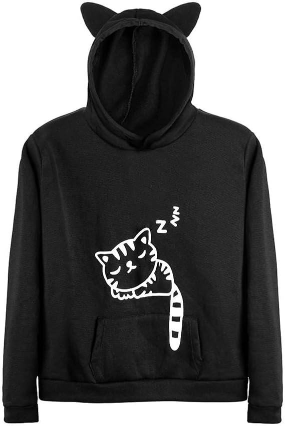Women Teen Girls Hoodie Sweatshirt With Cute Cat Ear and Sleeping Cat Printed Pullover