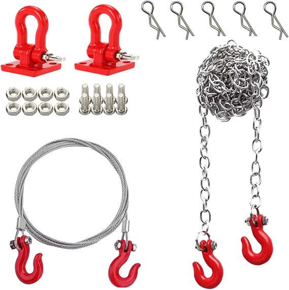 1/10 RC Car Mini Metal Trailer Chain and Tow Hooks Buckle & RC Body Clips Bent Springy R Pins Accessories for 1:10 Rock Crawler Truck Car Traxxas TRX4 SCX10 Axial RC4WD Tamiya D90 (Red)