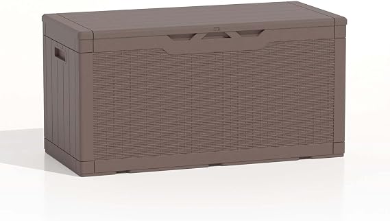 Patiolife 100 Gallon Resin Deck Box, Large Outdoor Storage Box for Garden Tools, Pool Supplies, Waterproof and Lockable, Dark Brown