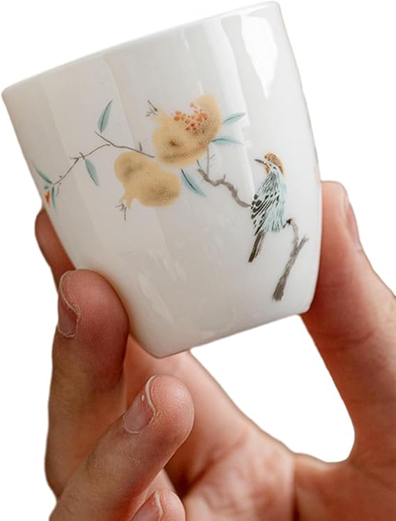 50Ml/1.5oz Sheep Fat Jade Flower and Bird, Chinese Ceramic Tea Cup - Fruit Bird Picture