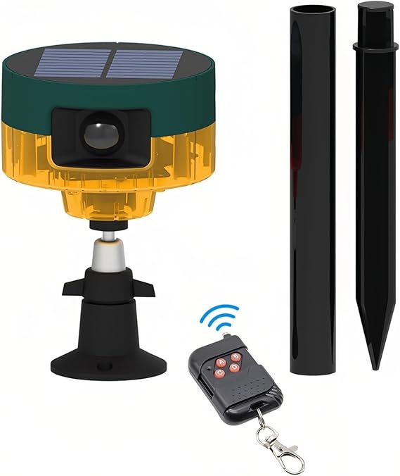 Solar Motion Sensor Alarm Outdoor 360Motion Detector LED Flashing Strobe Light Warning Lamp with Remote Control Sound Security Siren for Chicken Coop Yard Home Farm Barn