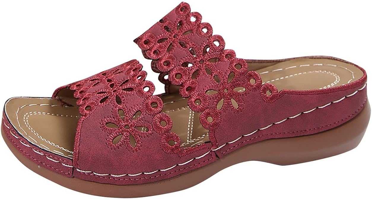 Orthopedic Sandals for Women Flower Cutout Strap Peep Toe Wide Width Slip On Platform Slippers Elegant Casual Beach Slippers with Arch Support